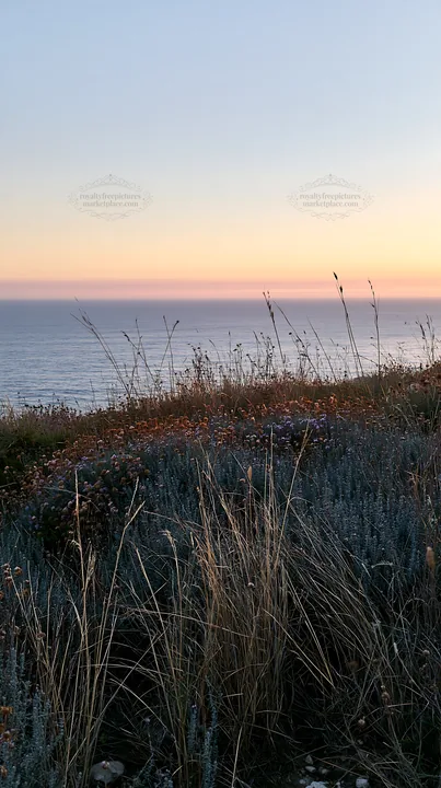 Clifftop meadow with ocean view at sunset - AI-generated stock image
