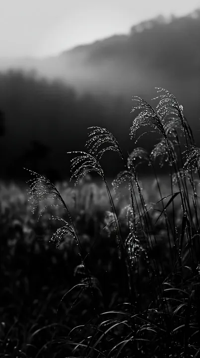 Fukui native grass meadow with rain droplets in black and white - AI-generated stock image