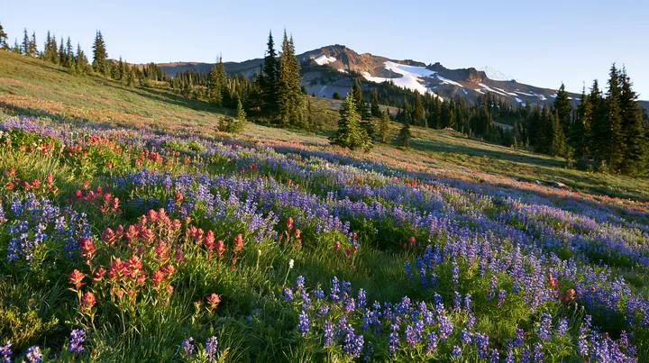 Snowmelt meadow with wildflowers and mountains in background - AI-generated stock image