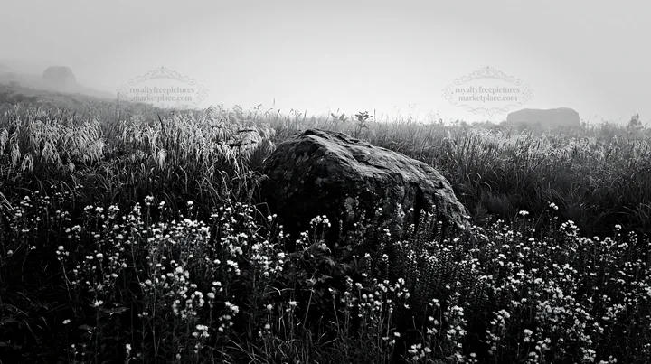 Black and white aomori climate resilient meadow with boulder and flowers - AI-generated stock image