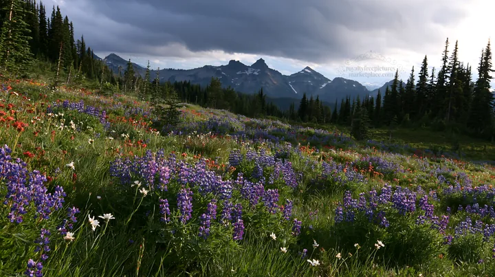 Rainwashed meadow filled with wildflowers and mountains in view - AI-generated stock image
