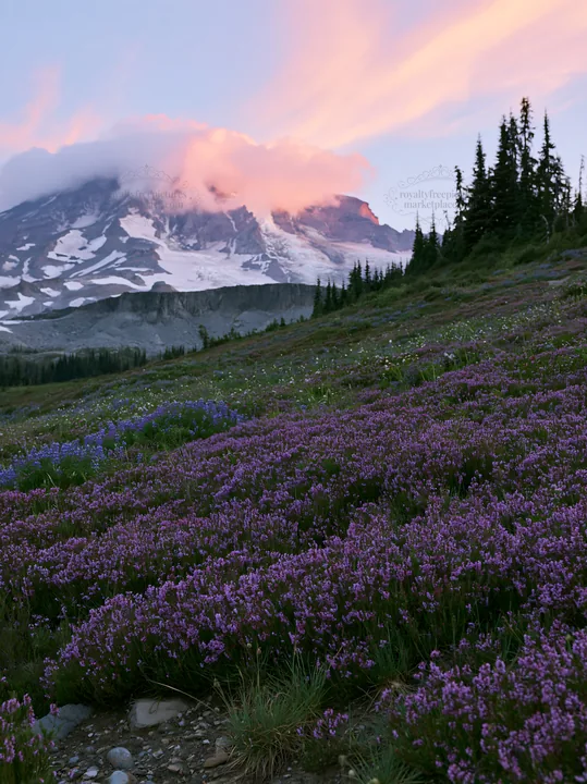 Mount Rainier wildflower meadow at sunrise with colorful clouds - AI-generated stock image