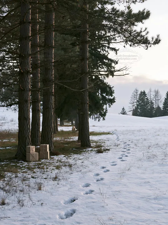 Meadow with snow and packages by the trees - AI-generated stock image