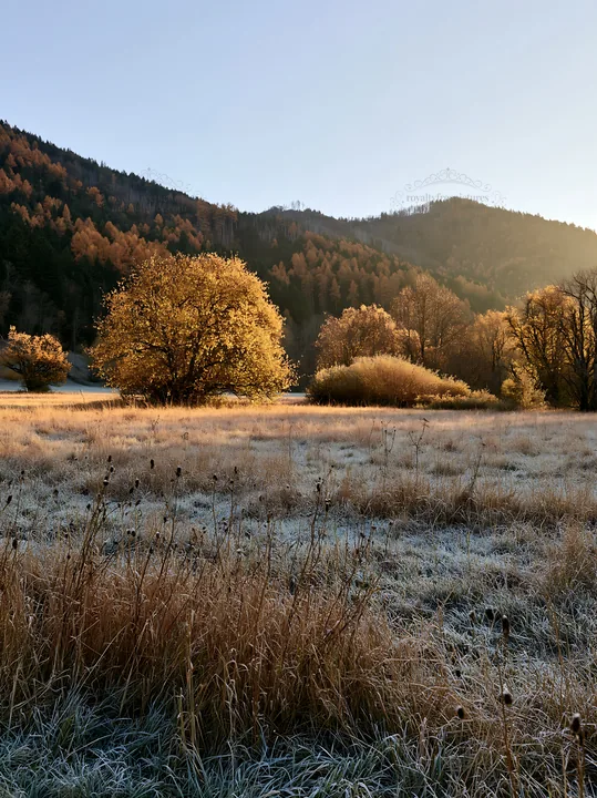 Valley apple meadow during early morning light - AI-generated stock image