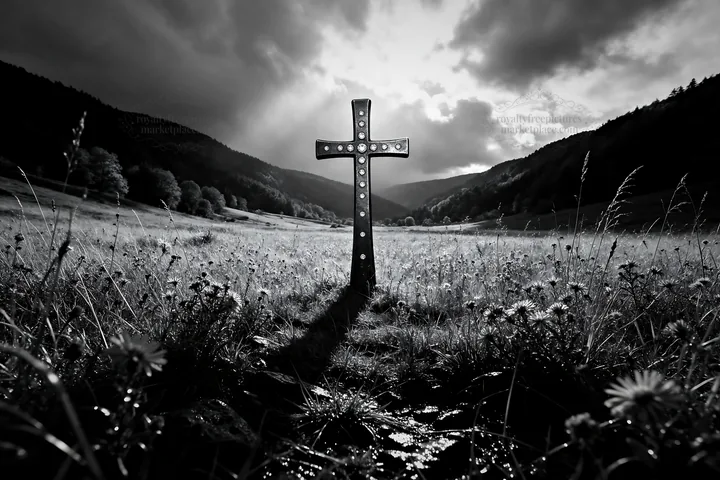 Aged Christian cross in autumn valley meadow - AI-generated stock image