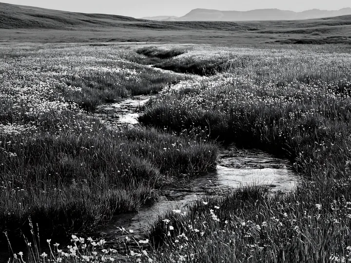 High contrast winding stream through a meadow in black and white - AI-generated stock image