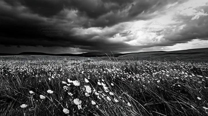 Buttercup meadow under cloudy sky in black and white - AI-generated stock image