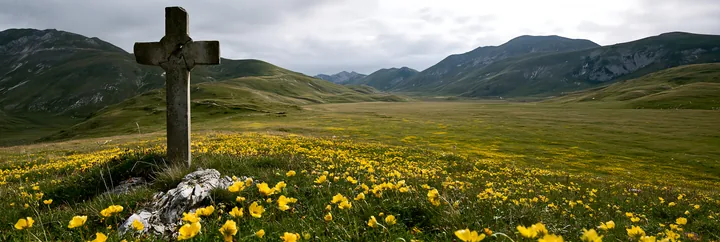 Christian cross in meadow with yellow flowers near mountains - AI-generated stock image
