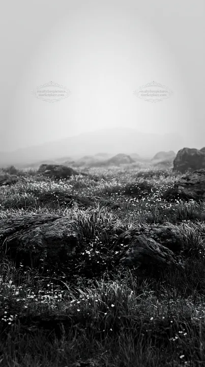 Black and white oita highland meadow with granite stones under fog - AI-generated stock image