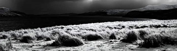 Snowy lakeside meadow under dark skies - AI-generated stock image