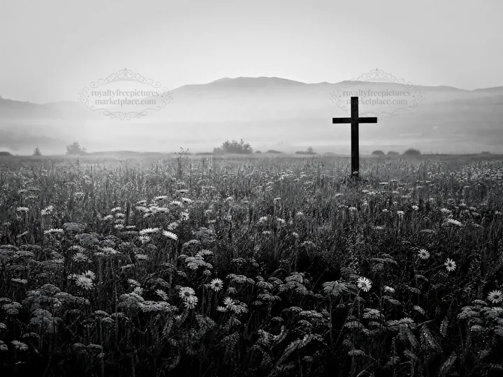 Wooden Christian cross in meadow with light rays at sunrise - AI-generated stock image