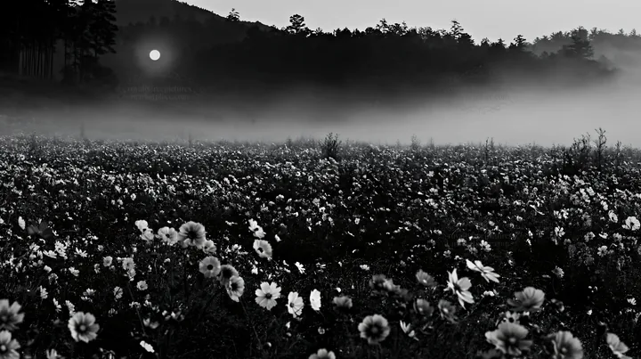 Colorful cosmos meadow at sunrise under misty sky - AI-generated stock image
