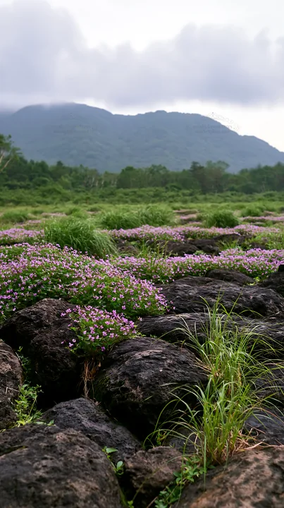 Yamanashi regenerative meadow with basalt stones in bloom - AI-generated stock image