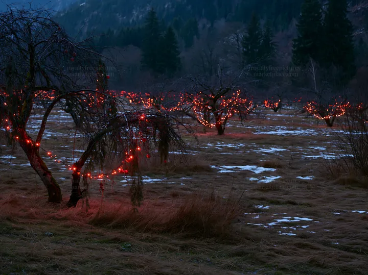 Apple trees with garlands in meadow during winter - AI-generated stock image
