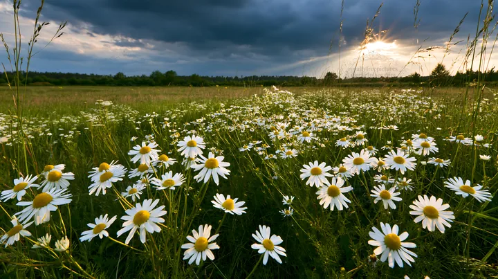 Chamomile meadow under cloudy sky during sunset - AI-generated stock image