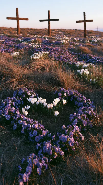 Rustic wooden crosses in a winter meadow with flowers - AI-generated stock image