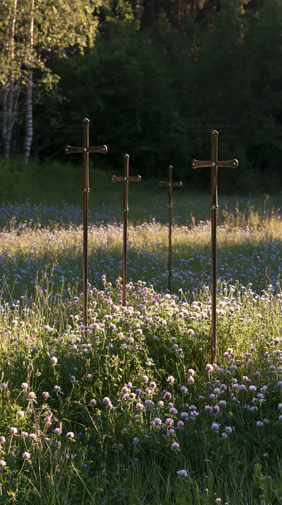 Christian crosses in a meadow with wildflowers - AI-generated stock image
