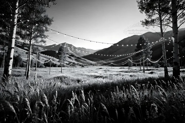 Warm Christmas lights across mountain valley meadow at night - AI-generated stock image