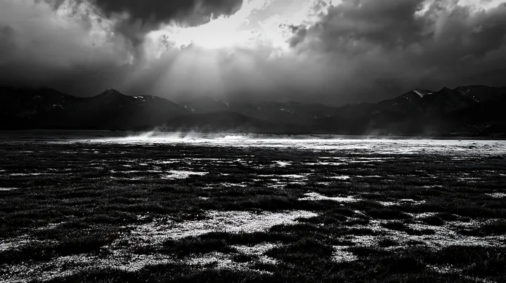 Light rays shine over a meadow in the Bucegi Mountains - AI-generated stock image