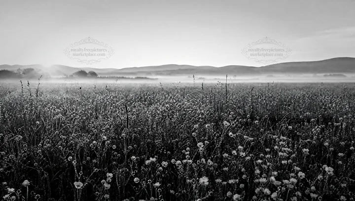 Black and white rewilded meadow at sunrise with mist and flowers - AI-generated stock image