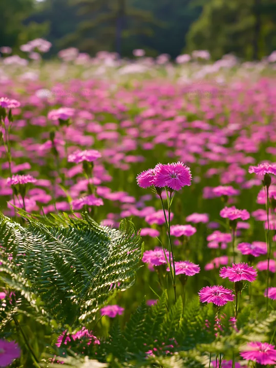 Nara summer meadow with fern foreground and pink flowers - AI-generated stock image