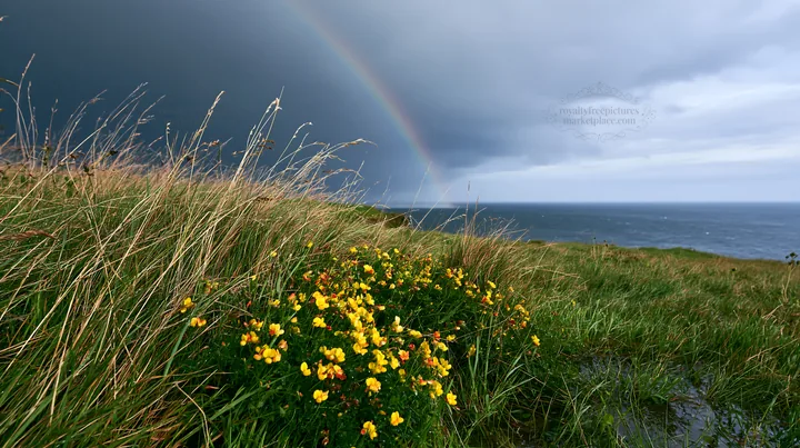 Clifftop meadow with flowers and rainbow over the ocean - AI-generated stock image