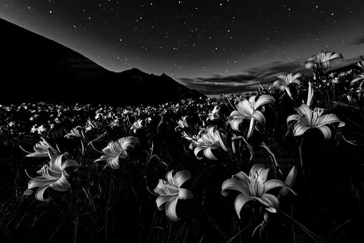 Daylilies bloom at Kirigamine Highland under night sky - AI-generated stock image