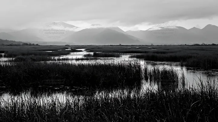 Shiga wetland meadow with reeds under cloudy skies - AI-generated stock image