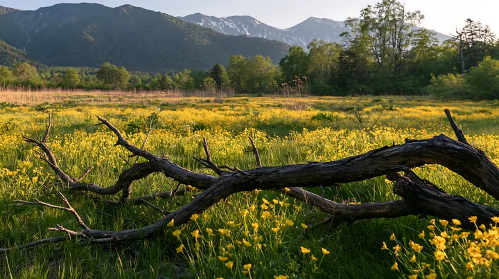 Yamagata rewilded meadow with fallen branch in the foreground - AI-generated stock image