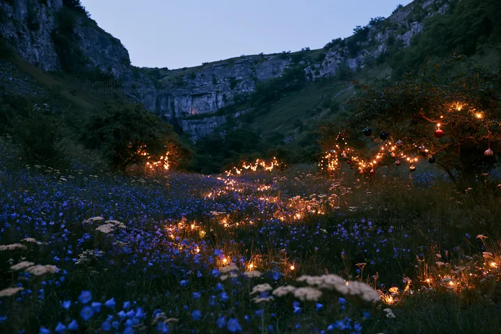 Christmas lights at dusk in meadow by cave - AI-generated stock image