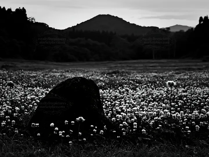 Black and white miyagi spring recovery meadow mossy stone with flowers - AI-generated stock image