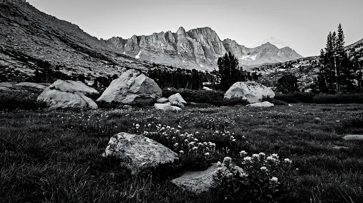 Mossy boulders in a meadow with distant mountains - AI-generated stock image