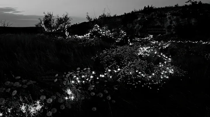 Christmas lights at dusk in meadow near cave - AI-generated stock image