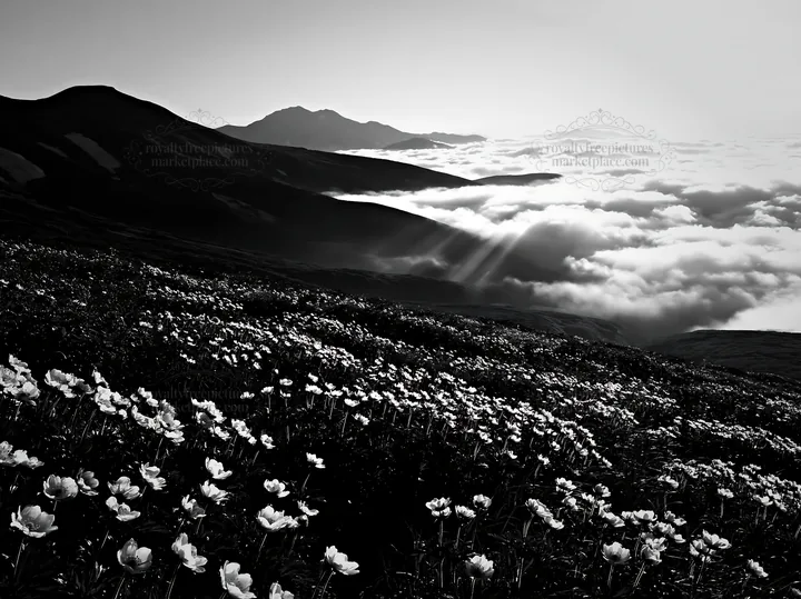 Black and white daisetsuzan alpine meadow light rays shine through clouds - AI-generated stock image