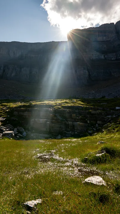 Light rays shine down on Sunshine Meadows in Banff - AI-generated stock image