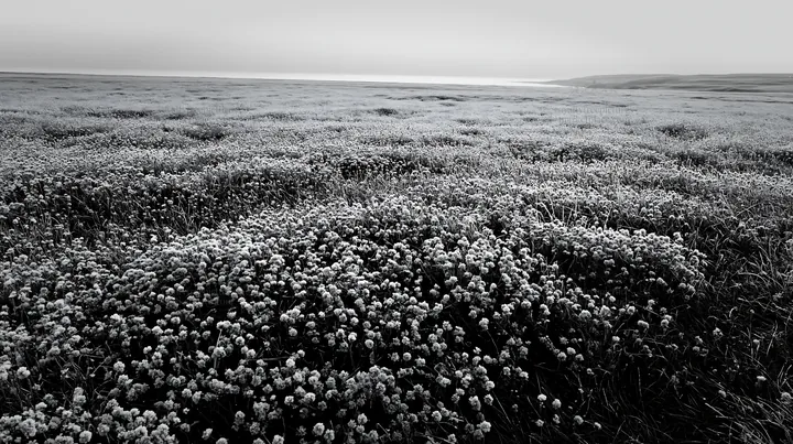 Black and white silver dew meadow with flowers covering vast land area - AI-generated stock image