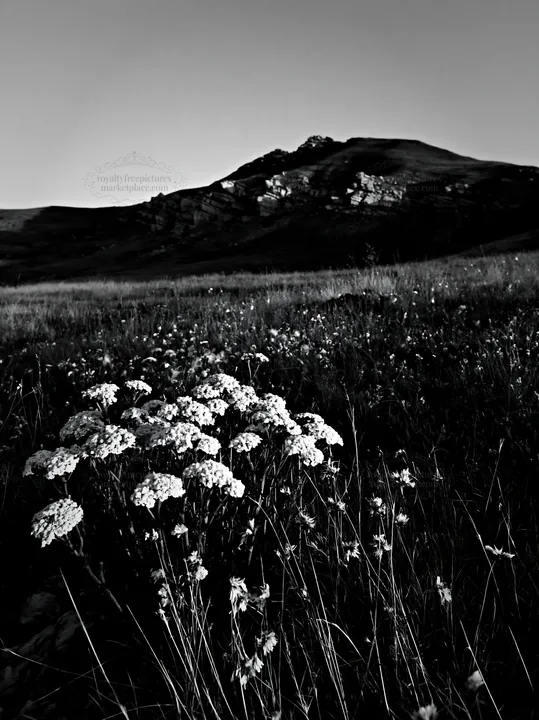 Twilight meadow with yarrow flowers and distant hills - AI-generated stock image
