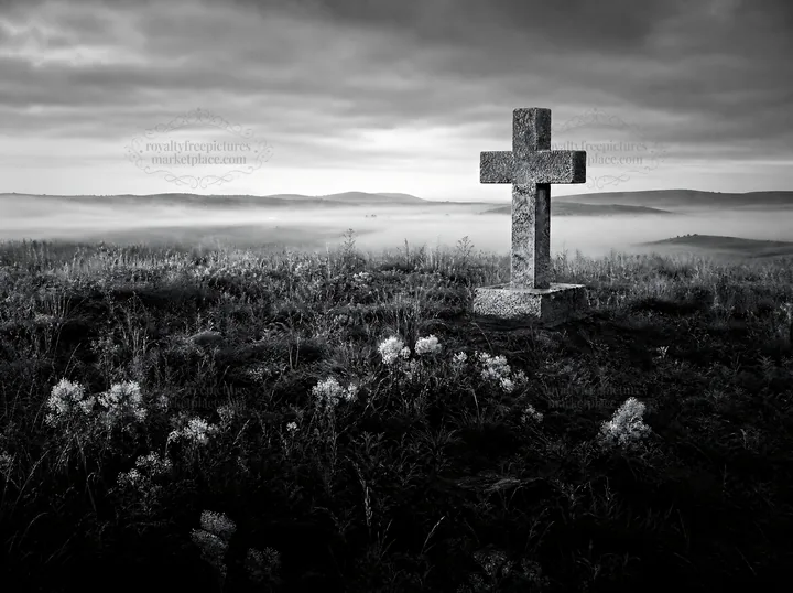 Golden Christian cross in sunset meadow - AI-generated stock image