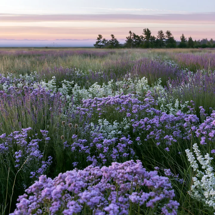 Colorful lavender meadow with flowers under a sunset sky - AI-generated stock image