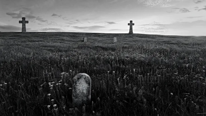 Christian crosses on meadow during sunrise - AI-generated stock image
