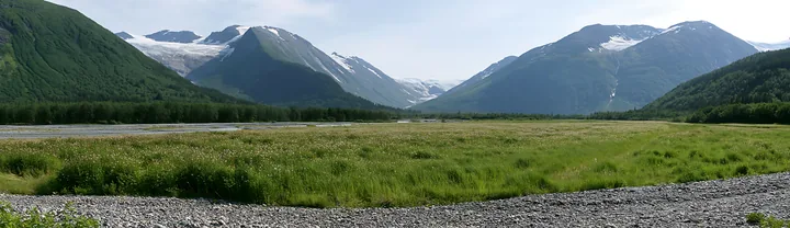 Regenerative meadow in mountain valley with snow-capped peaks - AI-generated stock image