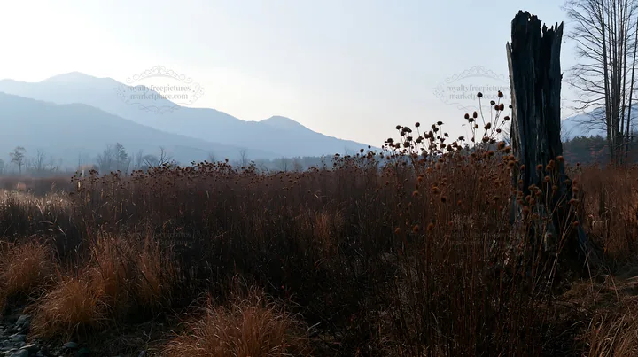 Fukushima native meadow with weathered stump - AI-generated stock image