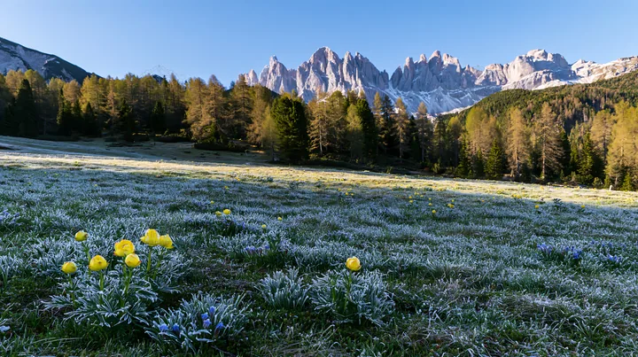 Frosted meadow with spring flowers and mountains in background - AI-generated stock image