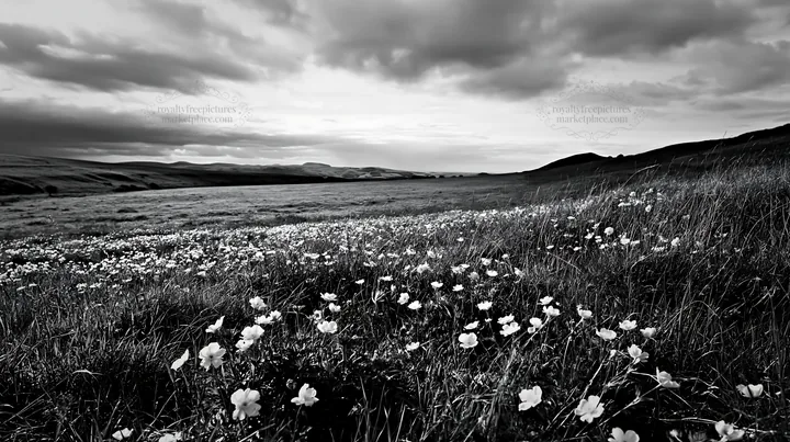 Cloudy meadow with pasque flower blooms in black and white - AI-generated stock image