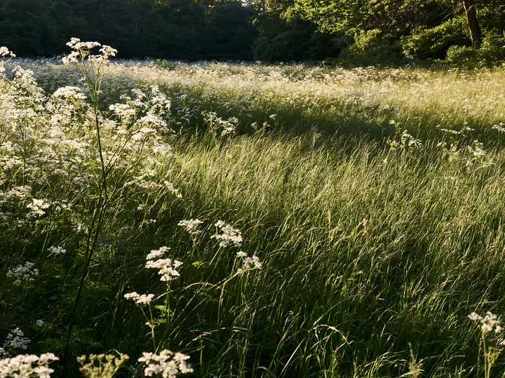 Cow parsley meadow with tall grass in evening light - AI-generated stock image