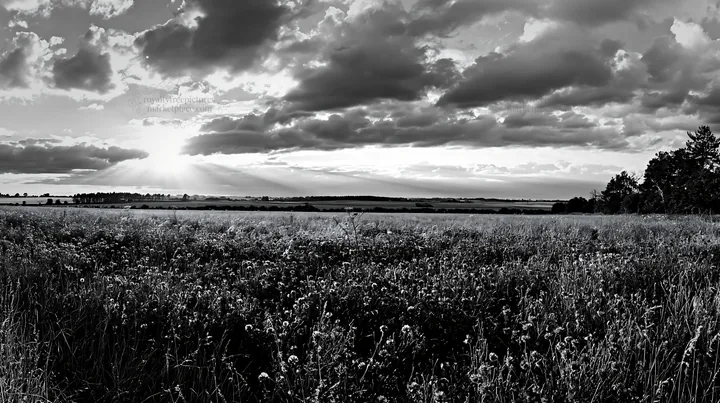 Cornflower meadow with clouds and sun rays at dusk - AI-generated stock image