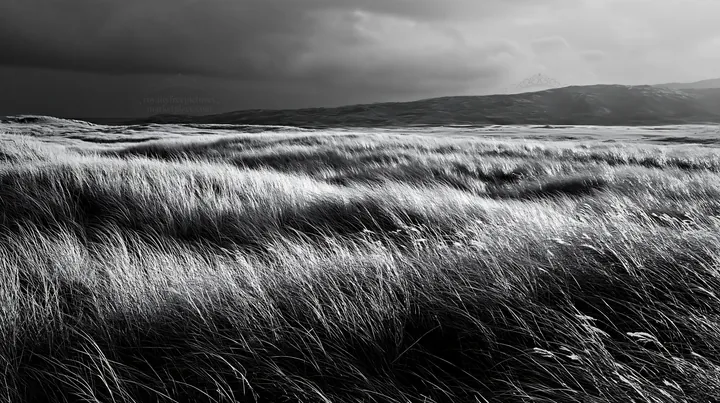 Windy meadow with dune grasses in Tottori - AI-generated stock image
