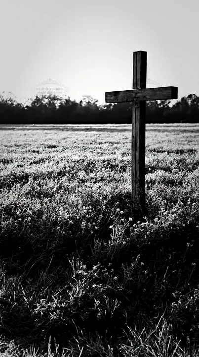 Wooden Christian cross in meadow during Christmas season - AI-generated stock image