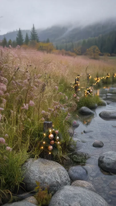 Christmas ornaments along stream in meadow with lights - AI-generated stock image