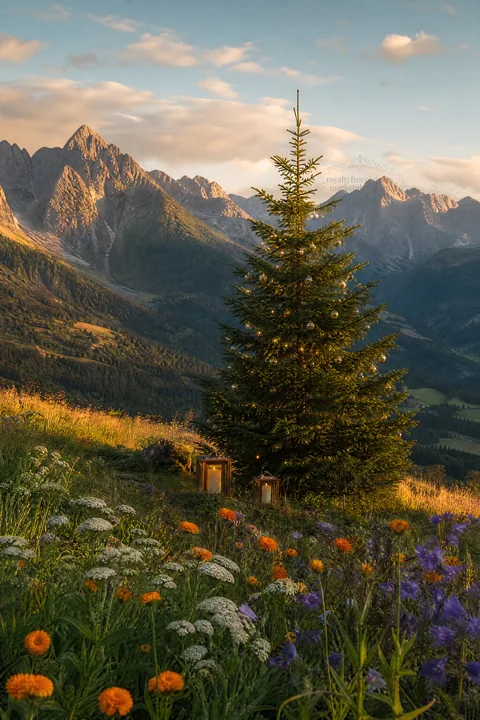Christmas tree in mountain valley meadow with flowers - AI-generated stock image